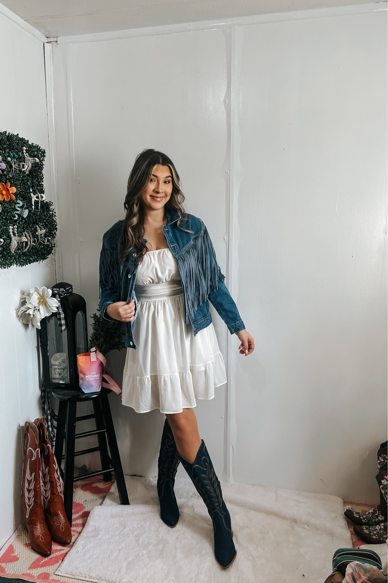 Denim jacket, denim boots, cowgirl boots style, white dress, casual rodeo outfit 

#LTKshoecrush #LTKstyletip #LTKfindsunder50