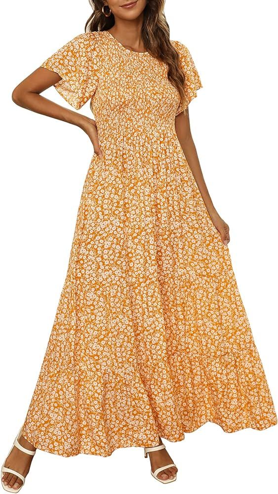 Kranda Women Summer Dress Round Neck Flutter Short Sleeve Smocked Ruffle Tiered Floral Maxi Dress... | Amazon (US)