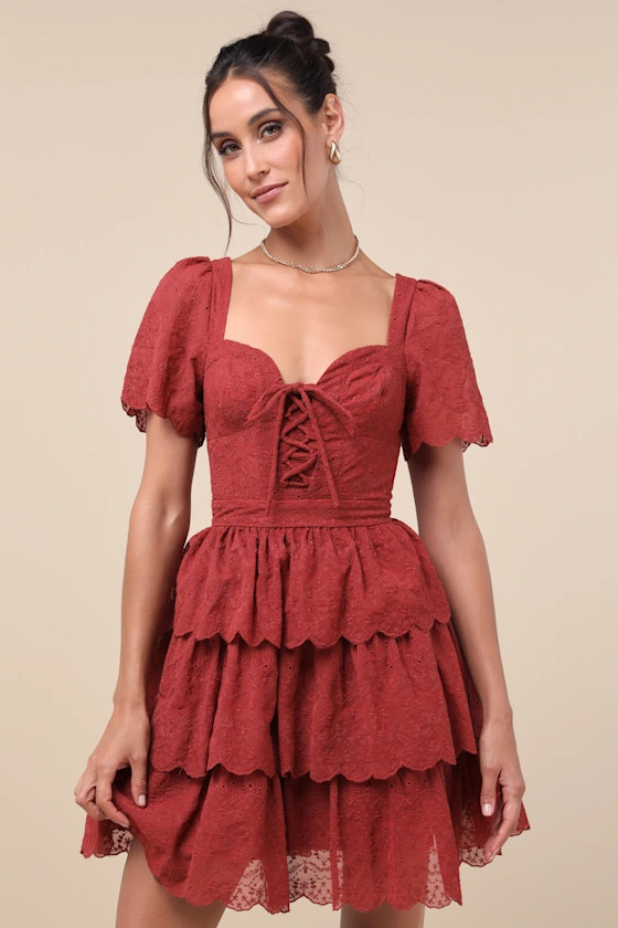 Inclined to Charm Rust Red Embroidered Tiered Lace-Up Mini Dress | Lulus