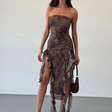 Women's Strapless Bodycon High Slit Ruffle Hem Zebra Print Dress | SHEIN
