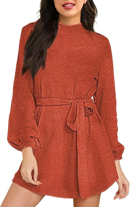 HAPCOPE Women's Chenille Sweater Dress Mock Neck Lantern Long Sleeve Dresses with Belt | Amazon (US)