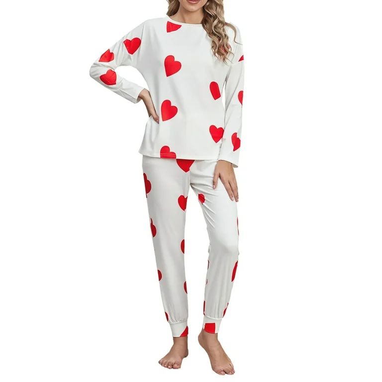 Dokotoo Women's Love Heart Print Crew Neck Lightweight Pajamas Set Size S | Walmart (US)