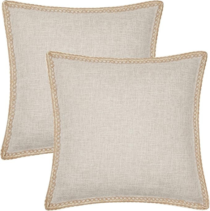 Neutral Beige Linen Pillow Covers 20x20 Inch Set of 2, Rustic Farmhouse Decorative Throw Pillow C... | Amazon (US)