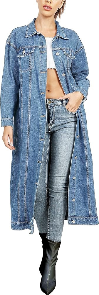 Jofemuho Womens Classic Long Jean Jacket Plus Size Loose Long Sleeve Button Down Denim Jacket Trench | Amazon (US)