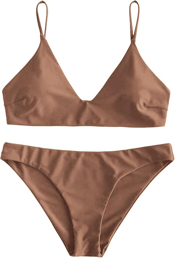 ZAFUL Women's Solid Spaghetti Strap Bralette Bikini Set Two Piece Swimsuit | Amazon (US)