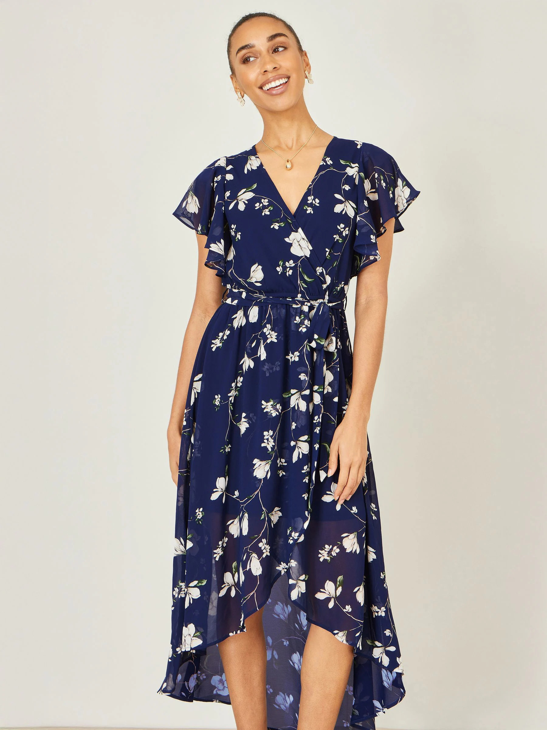Yumi Yumi Blue Floral Wrap Midi Dress With Frill Hem | Next US