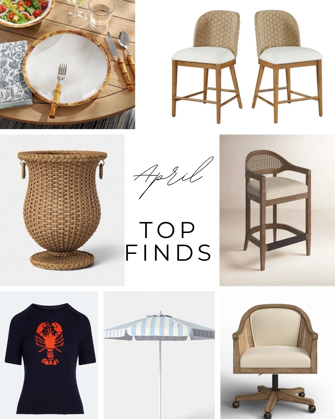 Your favorite fines from April include these bamboo melamine plates, two different barstools with woven detail, cane detail, a rattan planter, lobster sweater, blue and white, striped umbrella, and the prettiest office desk chair you ever did see.

#LTKHome #LTKSeasonal #LTKOver40