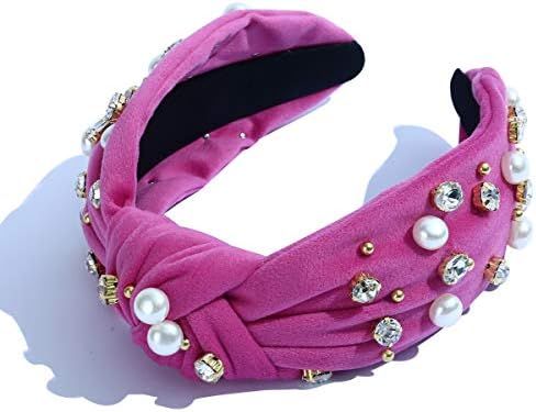 Pearly Crystal Knotted Women Headband Luxury Pink Jeweled Embellished Top Hairband Fashion Elegan... | Amazon (US)