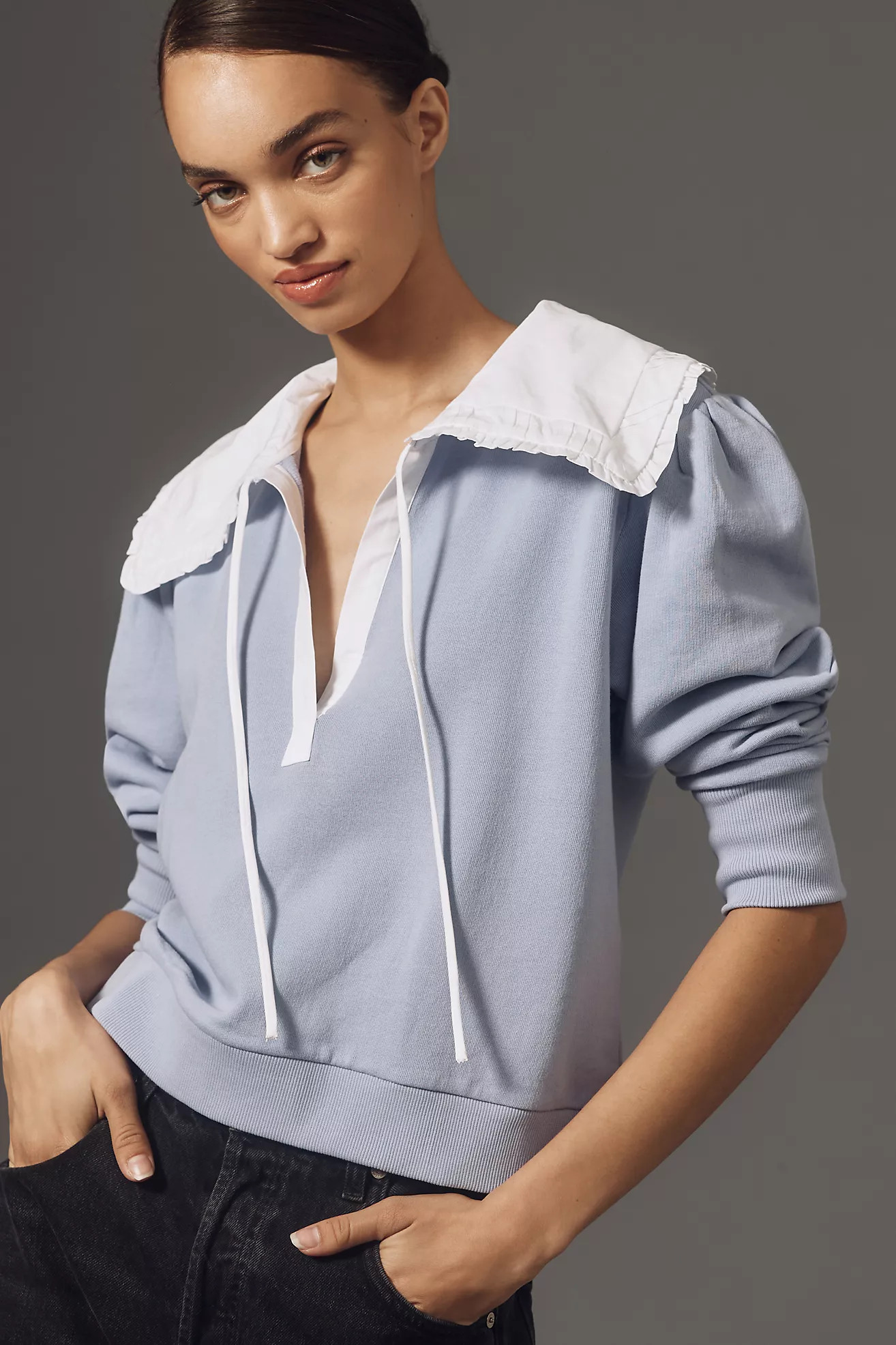 By Anthropologie Poplin-Collar V-Neck Sweatshirt | Anthropologie (US)