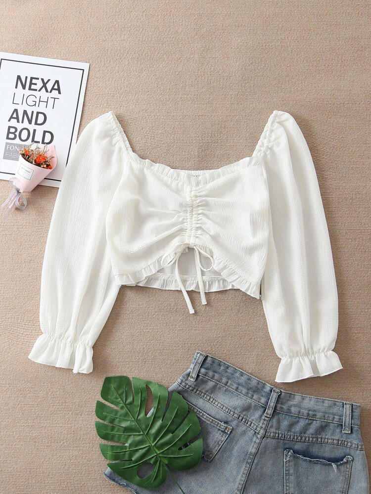 Drawstring Front Sweetheart Neck Crop Blouse | SHEIN