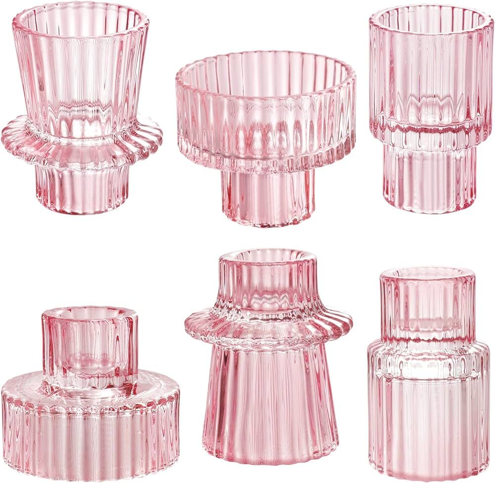 Amazon.com: IYOUYA Pink Glass Candle Holders 6PCS for Pillar Candles, Taper Candles, Tealight Can... | Amazon (US)