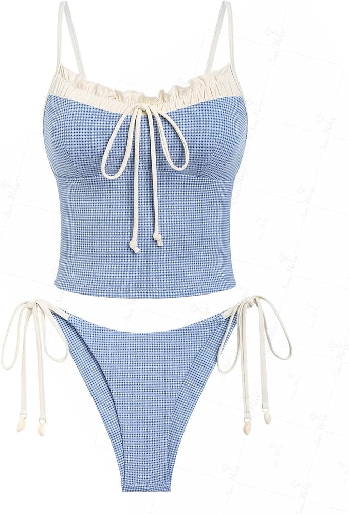 seamoly Gingham Cinched Back Bow Decor Tie Side Tankini Set | Amazon (US)