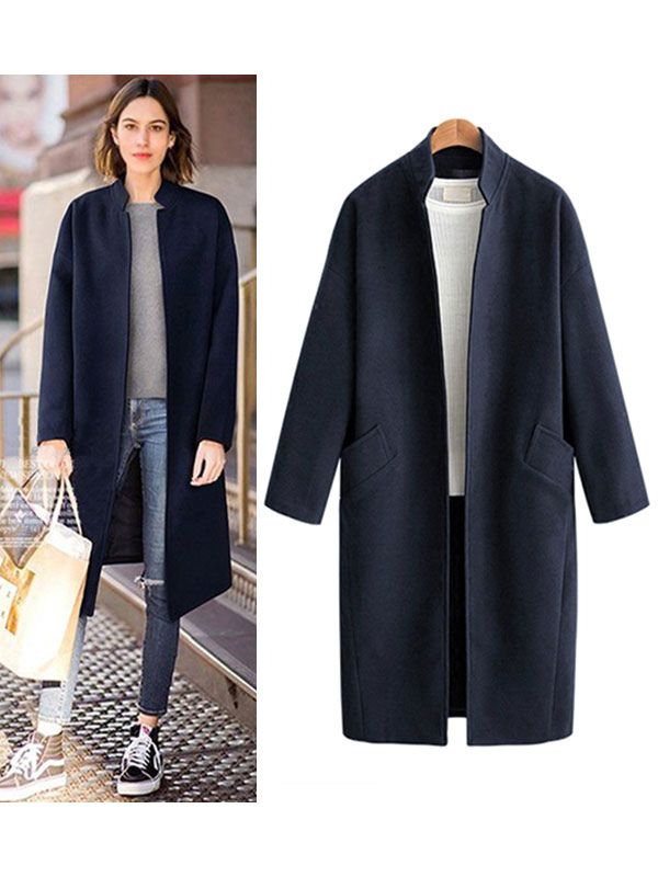 Overcoat Navy Women Long Sleeve Stand Collar Wool Blue Pea Coat | Milanoo