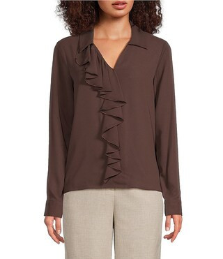 Calvin Klein Georgette Collared V-Neck Long Sleeve Ruffle Front Blouse | Dillard's | Dillard's
