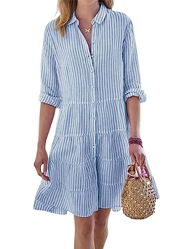 utcoco Womens Striped Button Down Midi Shirt Dress Casual Loose Cuffed Long Sleeve Mid Long Dresses (Small, Blue) | Amazon (US)