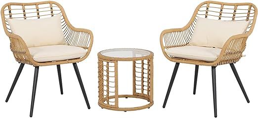 JOIVI 3 Piece Outdoor Wicker Conversation Bistro Set, Patio Furniture Rattan Chairs Set with Roun... | Amazon (US)