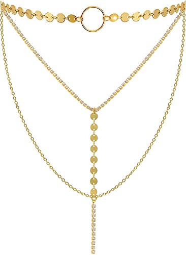 Suyi Stylish Layered Sequins Choker Necklace with Thin Long Chian Pendant for Women Lady Crystal Gold 2 | Amazon (US)