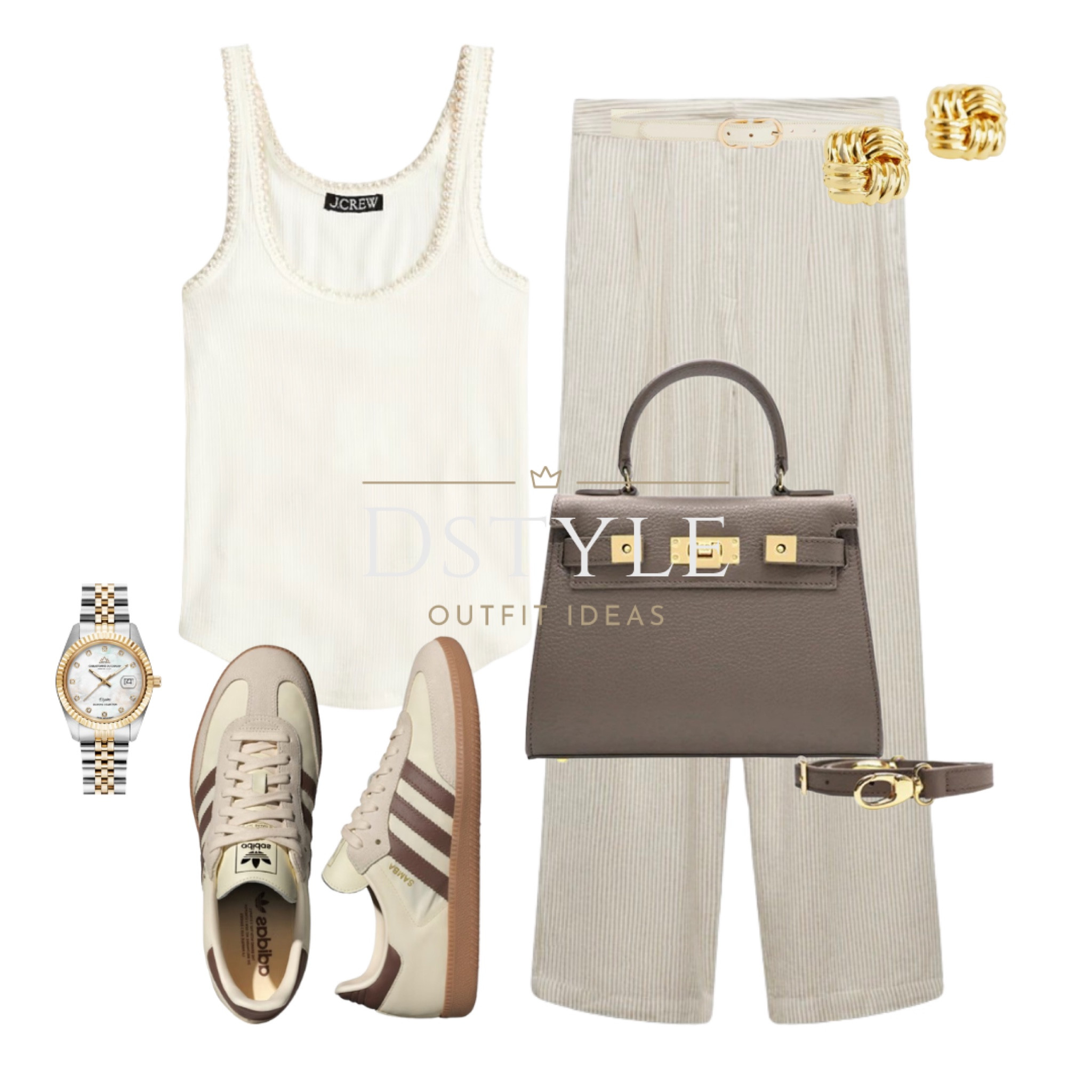Vintage rib pearl-trim tank top, striped linen blend pants, trousers, Adidas Samba, taupe leather handbag, watch - Christophe Duchamp - Enjoy 85% OFF at checkout by using my discount code dstyle85 

ootd, chic style, summer outfit

#LTKWorkwear #LTKItBag #LTKStyleTip