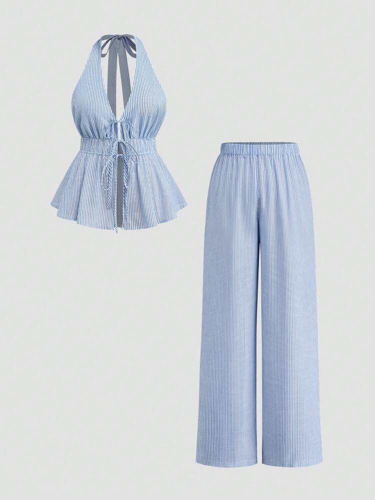 Sweetra Women 2 Pieces Set: Striped Print Twist Backless Halter Top And Drawstring Pants, Casual | SHEIN