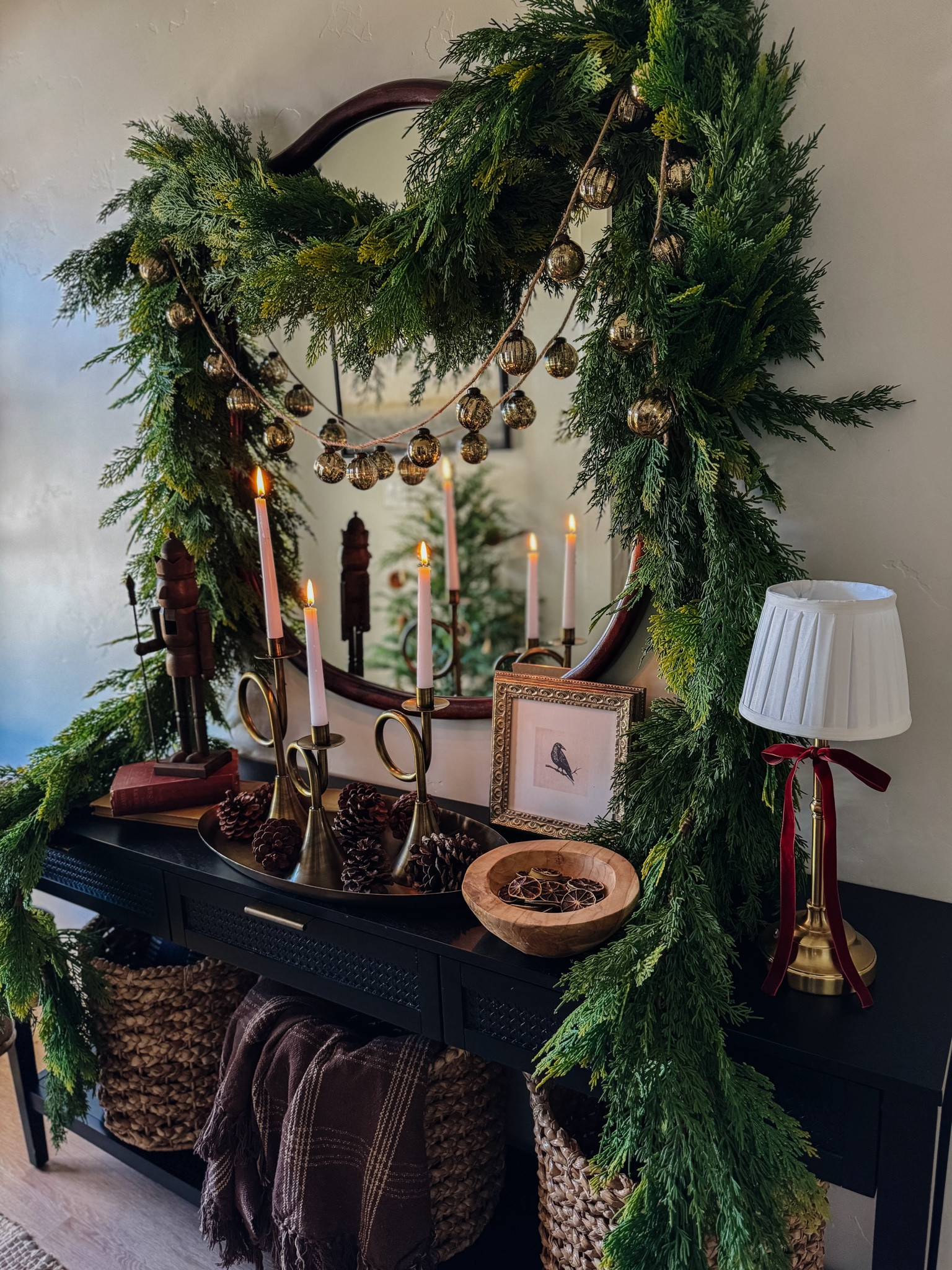 Christmas garland, Holiday, entryway, inspiration, holiday decor, Christmas greenery, French horn taper candle holders