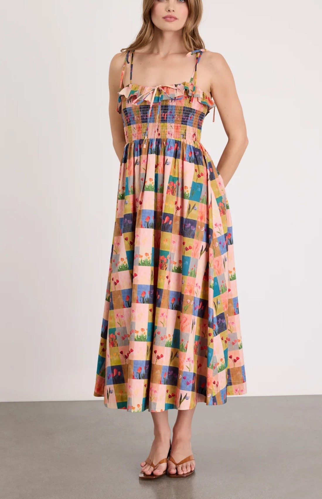 Alessandra Blush Multi Gingham Floral Tie-Strap Midi Dress