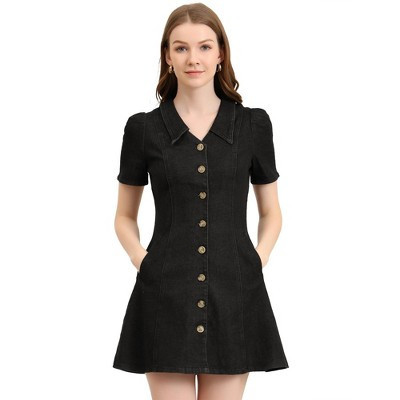 Allegra K Women's Button Up Collared Short Sleeve Washed Jean Demin Dress Black Large | Target
