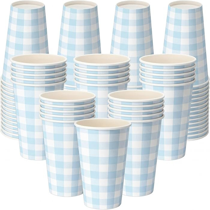 Tioncy 50 Pcs Blue Gingham Paper Cups 12 oz Disposable Paper Coffee Cups for Baby Shower, Tea Party, Drinking, Water, Juice, Expresso, Hot and Cold Drink, Cocoa, Blue Gingham Party Supplies Decoration | Amazon (US)