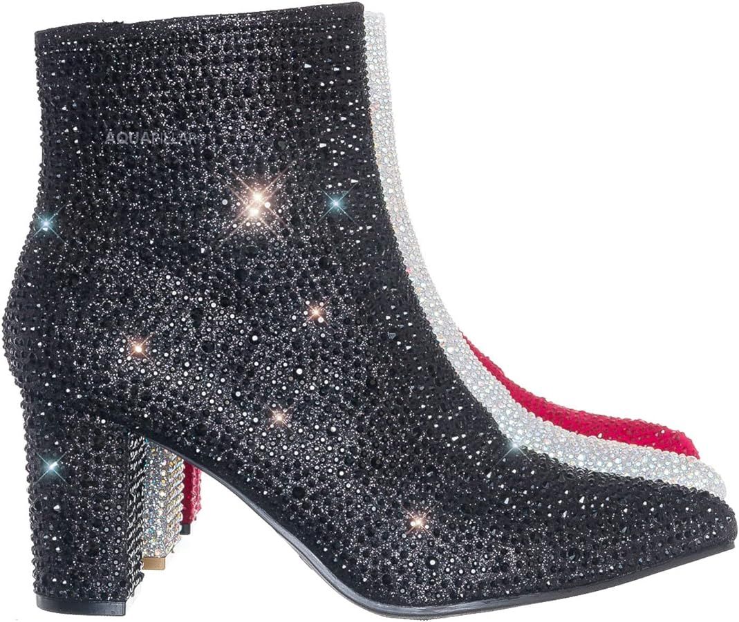 Women Rhinestone Block Chunky Heel Ankle Bootie | Amazon (US)