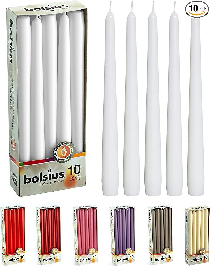 BOLSIUS White Taper Candles - 10 Pack Unscented 10 Inch Dinner Candle Set - 8 Hours Burn Time - P... | Amazon (US)