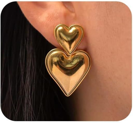 Gold Heart Drop Earrings, Double Heart Statement Dangle Earrings for Women Girls | Amazon (US)