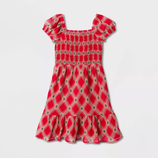 Girls' Floral Puff Sleeve Smocked Babydoll Dress - Cat & Jack™ Green L | Target