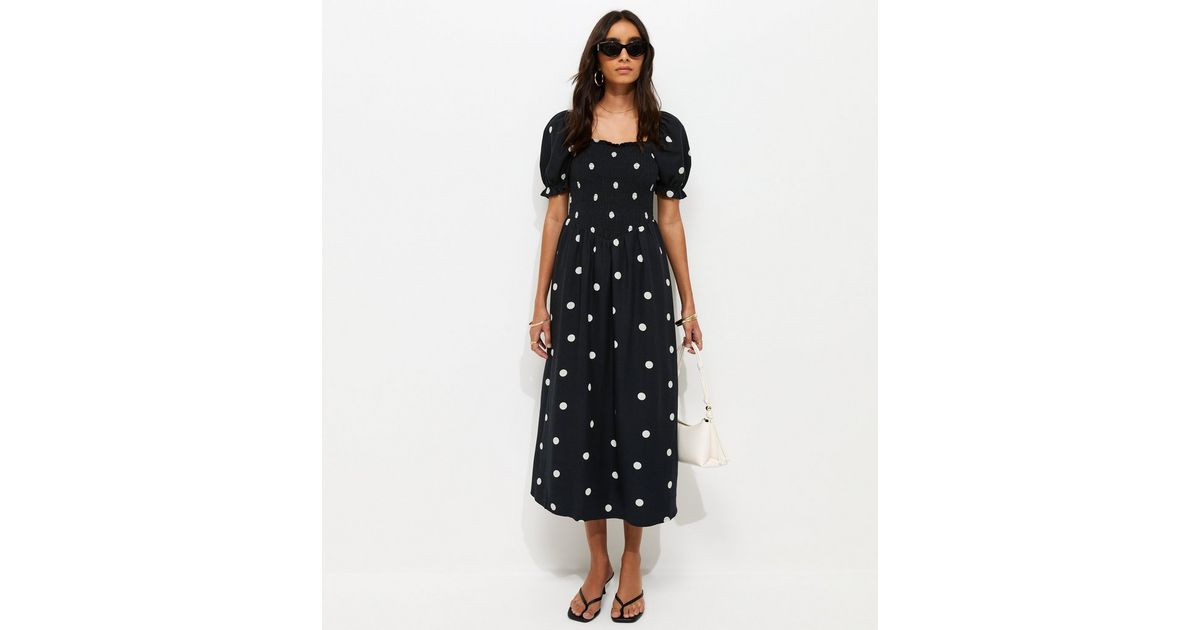 Black Polka Dot Shirred Midi Dress | New Look | New Look (UK)