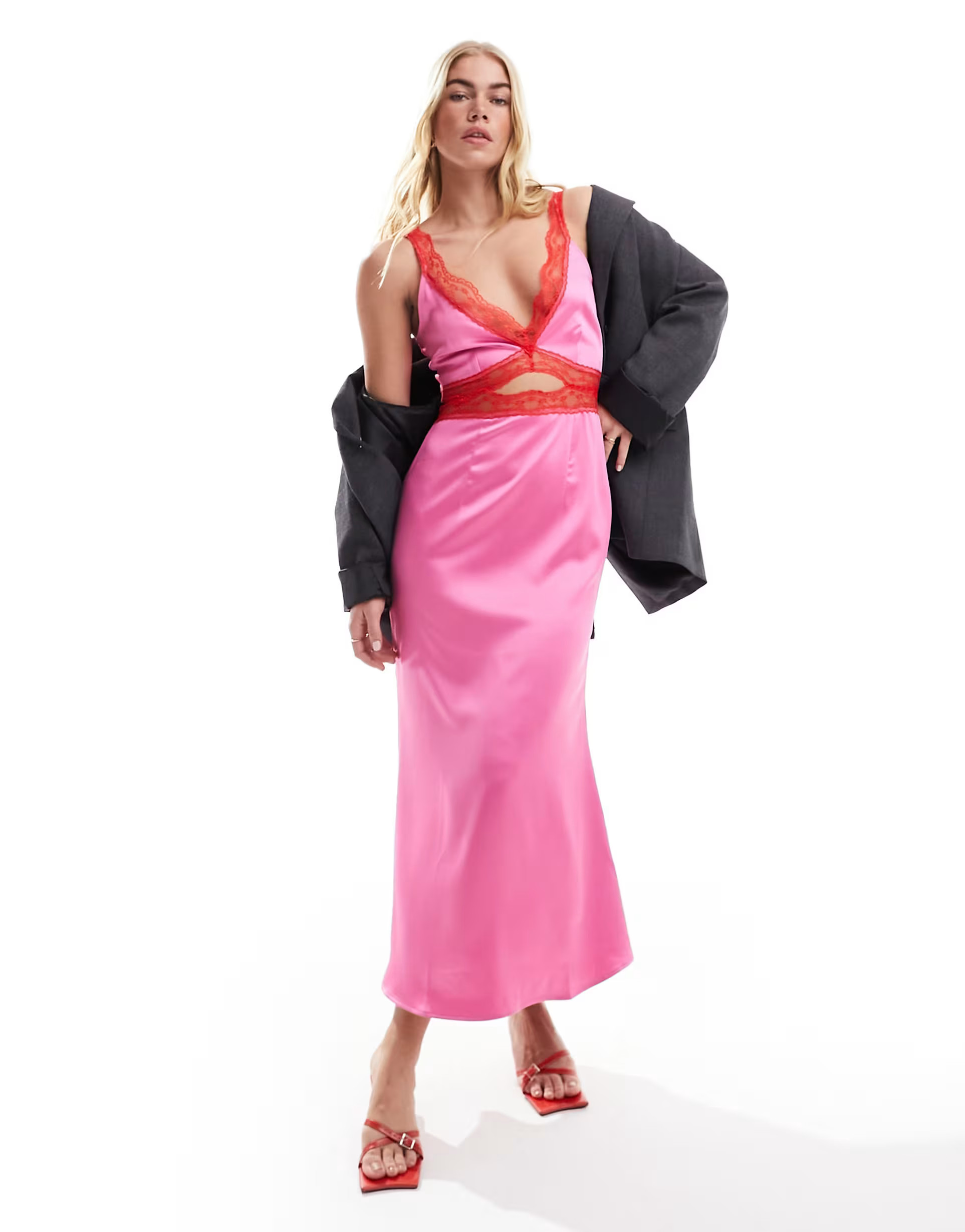 Never Fully Dressed contrast lace satin midaxi dress in red and pink | ASOS (Global)