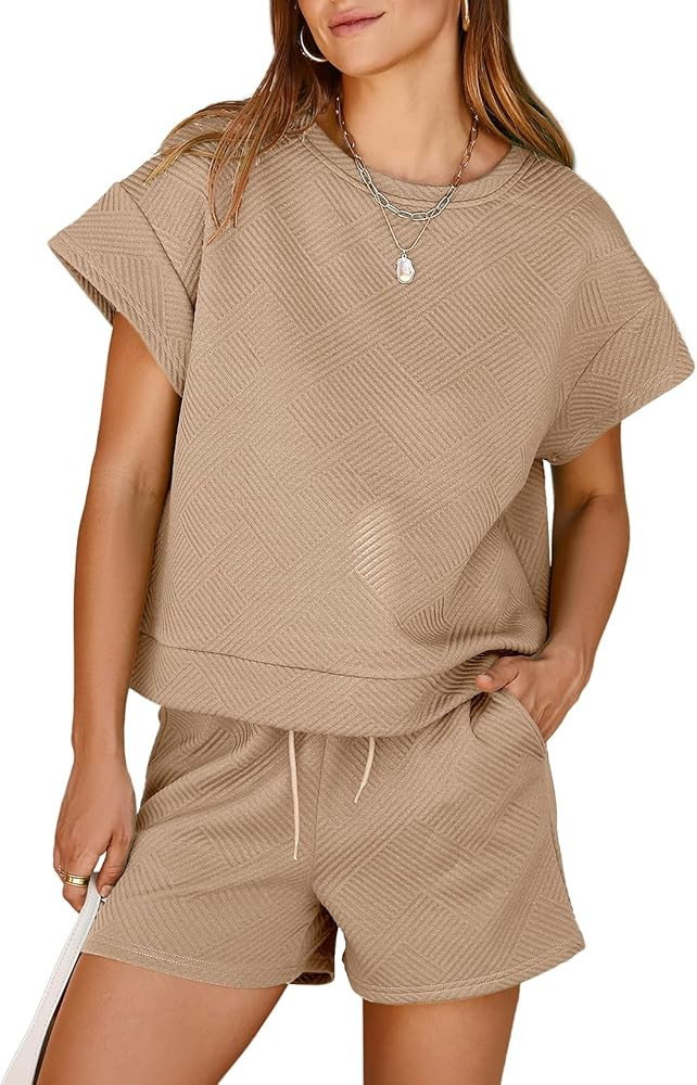Dokotoo Women's 2 Piece Outfits Sweatsuit Casual Short Sleeve Pullover Tops and Drawstring Shorts... | Amazon (US)