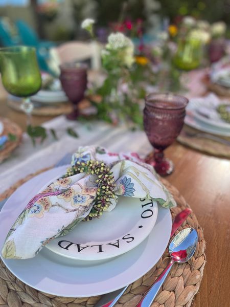 Fall dinners with family and friends! I love to entertain! White dinner plates, woven placemats, mix of green and pink goblets. For the centerpiece use clear mini vases filled with flowers from your yard. #tablescapestyling #whitedinnerplates #falldinners

#LTKSeasonal #LTKhome