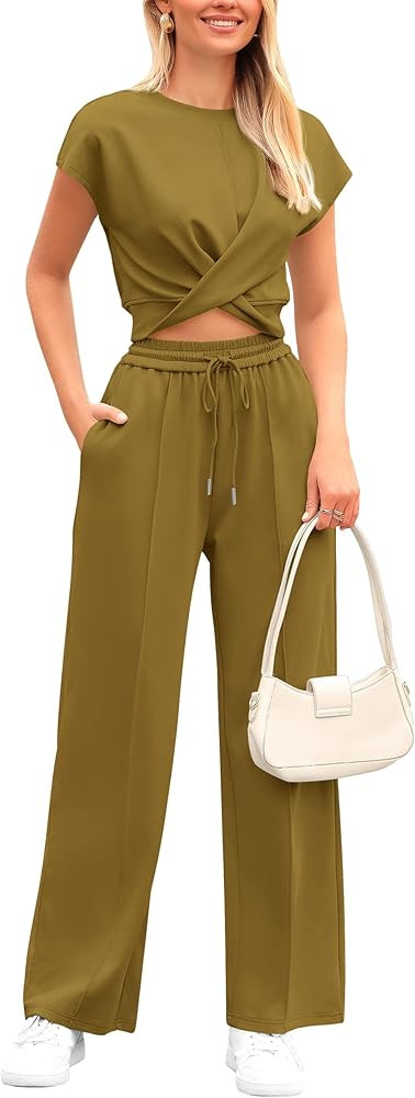 PRETTYGARDEN Women's Summer Two Piece Outfits Tracksuit Twist Front Crop Tops T Shirts Wide Leg P... | Amazon (US)