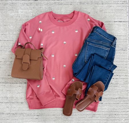 Spring casual outfit with French Terry relaxed crew that comes in a few color ways paired with jeans and sandals for a chic look. This sweatshirt is so comfy and can be worn with jeans, shorts, sweatpants and more! Linking a look for less shoes, accessories and outfit 

#LTKstyletip #LTKSeasonal