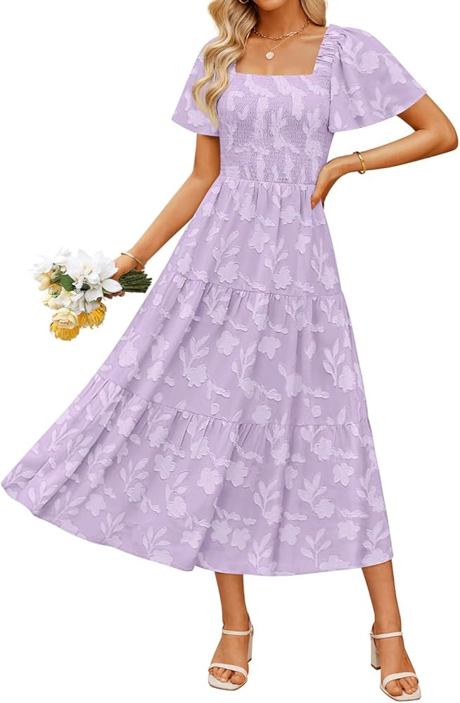 ZESICA Women‘s Summer Boho Floral Midi Dress 2026 Casual Short Sleeve Square Neck Flowy Beach V... | Amazon (US)