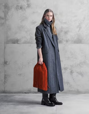 Aria Cove oversized tailored collar detail longline coat with wool in charcoal pinstripe | ASOS (Global)