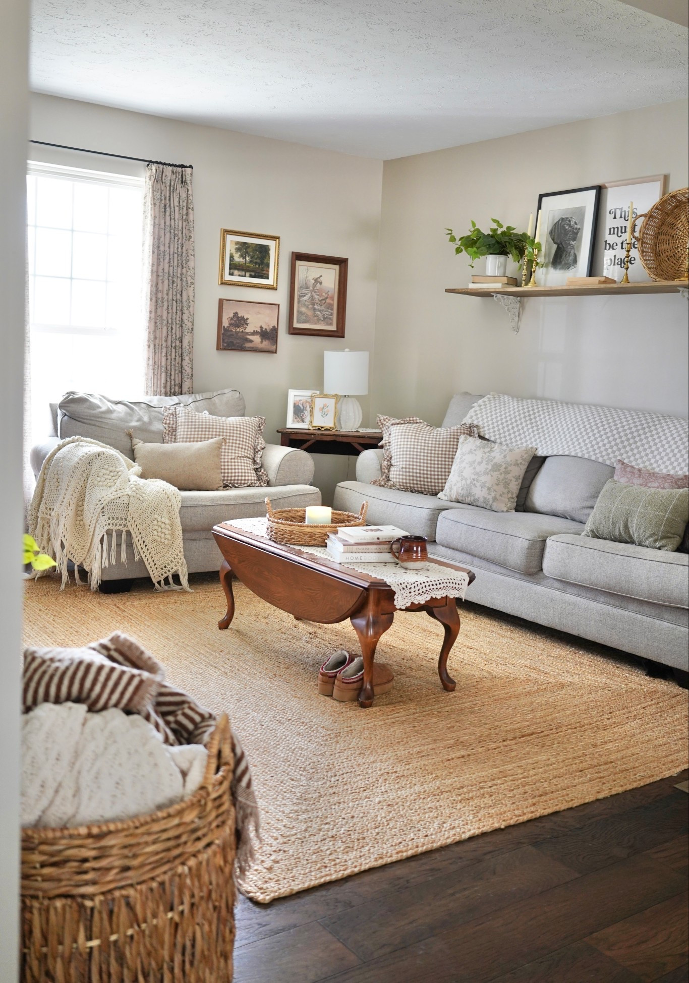 My cozy collected living room! Collected pillows. Collected wall art. Cottage style. Collected cottage. Jute rug. Living room rug. Cozy living room. 

#LTKHome
