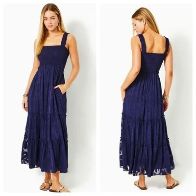 Lilly Pulitzer Hadley Smocked Maxi Dress in Navy Blue Womens Size L Crepe Swirl | eBay US