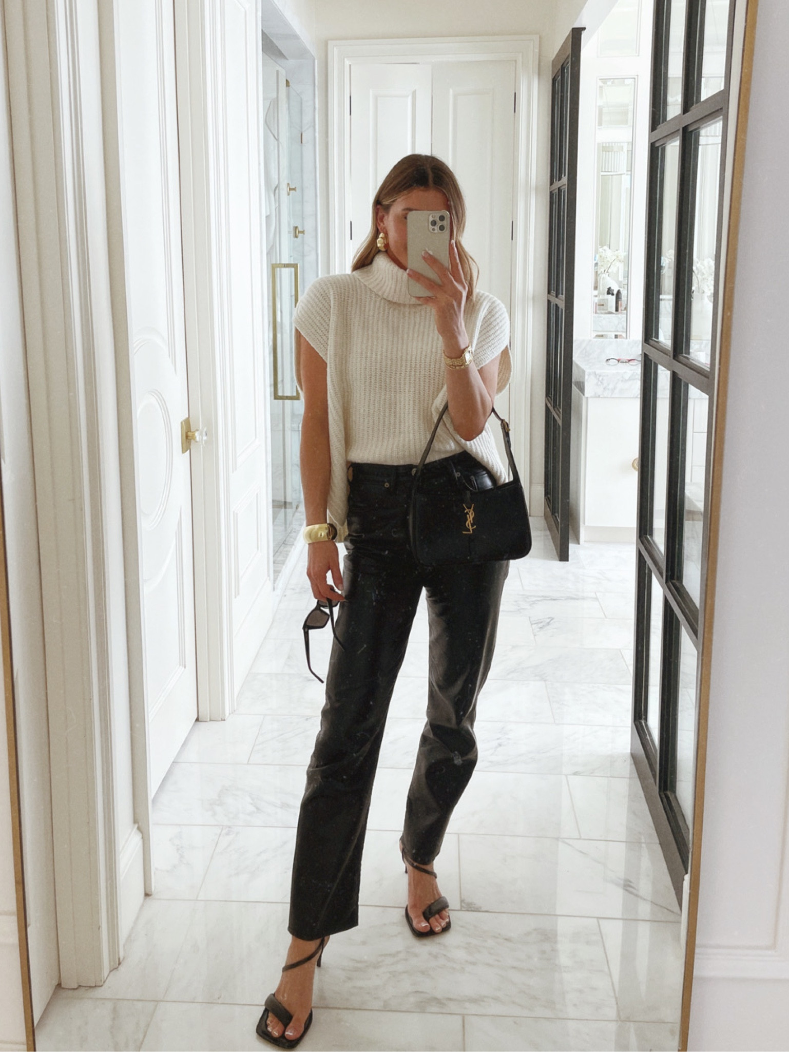 Fall date night look. Cowl neck sweater fits tts - wearing size small. Leather pants fit tts - wearing size 26. 