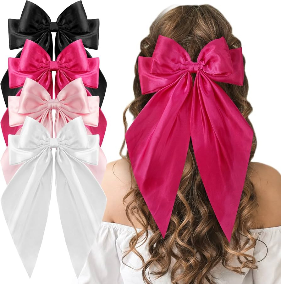 Large Pink Hair Bows, 4 Pack Satin Hair Ribbons Bow Hair Clips, Oversized Long Tail Hair Bow Barr... | Amazon (US)