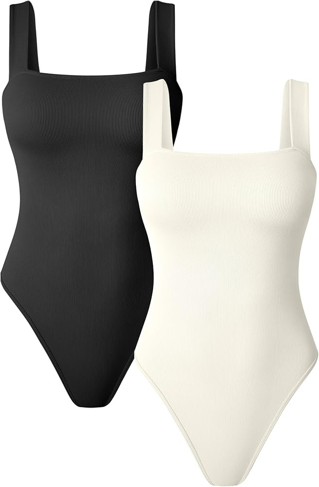 OQQ Women 2 Piece Bodysuits Sexy Ribbed Strappy Sleeless Tummy Control Basic Tank Tops Bodysuits | Amazon (US)