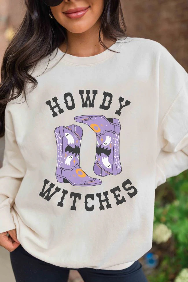 Howdy Witches Cream Oversized Graphic Sweatshirt | Pink Lily
