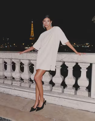 4th & Reckless sequin velvet contrast tie bow back mini dress in cream | ASOS (Global)