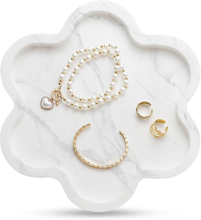 WORHE Natural Marble Tray for Jewelry Makeup Perfume, Flower-Shaped Stone Vanity Tray for Bathroo... | Amazon (US)