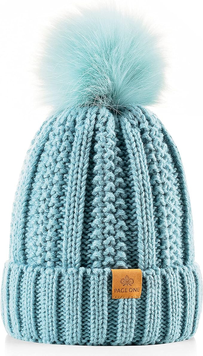 PAGE ONE Womens Winter Thick Cable Knit Beanie Faux Fur Pom Hat Fleece Lined Skull Cap | Amazon (US)