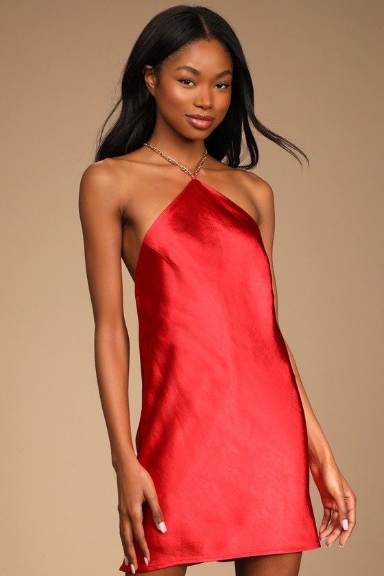 Red Satin Chain Backless Swing Mini Dress Red Dress Wedding Guest Dress Party Dresses Spring Dress | Lulus (US)