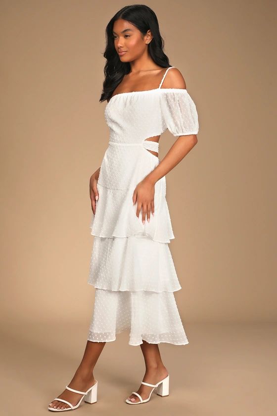 Romantic Revelation White Swiss Dot Off-the-Shoulder Midi Dress | Lulus (US)